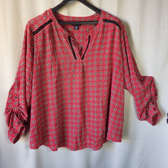 Liz Claiborne Career Red/Black/White Geo Long and 3/4 Sleeve Blouse size 3x - Picture 2 of 10